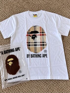 A Bathing Ape White Plaid Logo Short Sleeve Tee